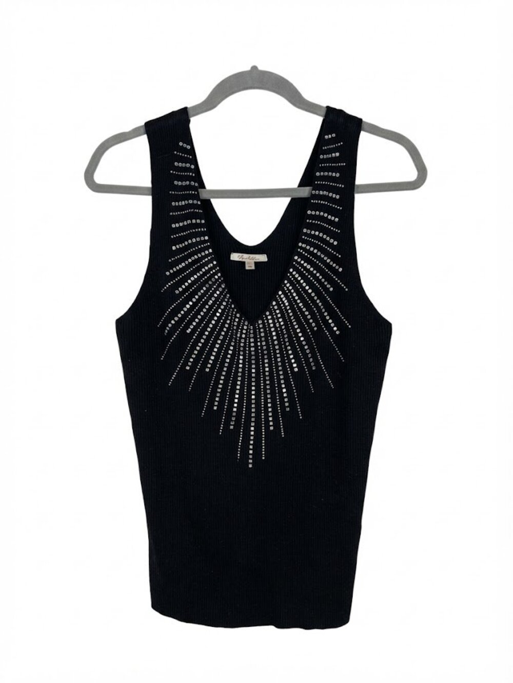 Vita Milano Black Ribbed Knit Rhinestone Studded Sunburst V-Neck Tank Top